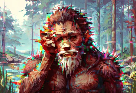 Close up face portrait, masterpiece, highly detailed, dynamic composition, mysterious Bigfoot in the pacific northwest, peeking out with a big smile, funny face, tongue sticking out, hands raised to his ears, palms out. <lora:Glitch Style:1> glitch, flickering, digital, glitch style <lora:detailed_notrigger:1> <lora:Sasquatch_Big_foot:.8> sasquatch, bigfoot, humanoid creature, wild reddish-brown fur, sharp white beard <lora:zavy-cntrst-sdxl:.8> dark, chiaroscuro