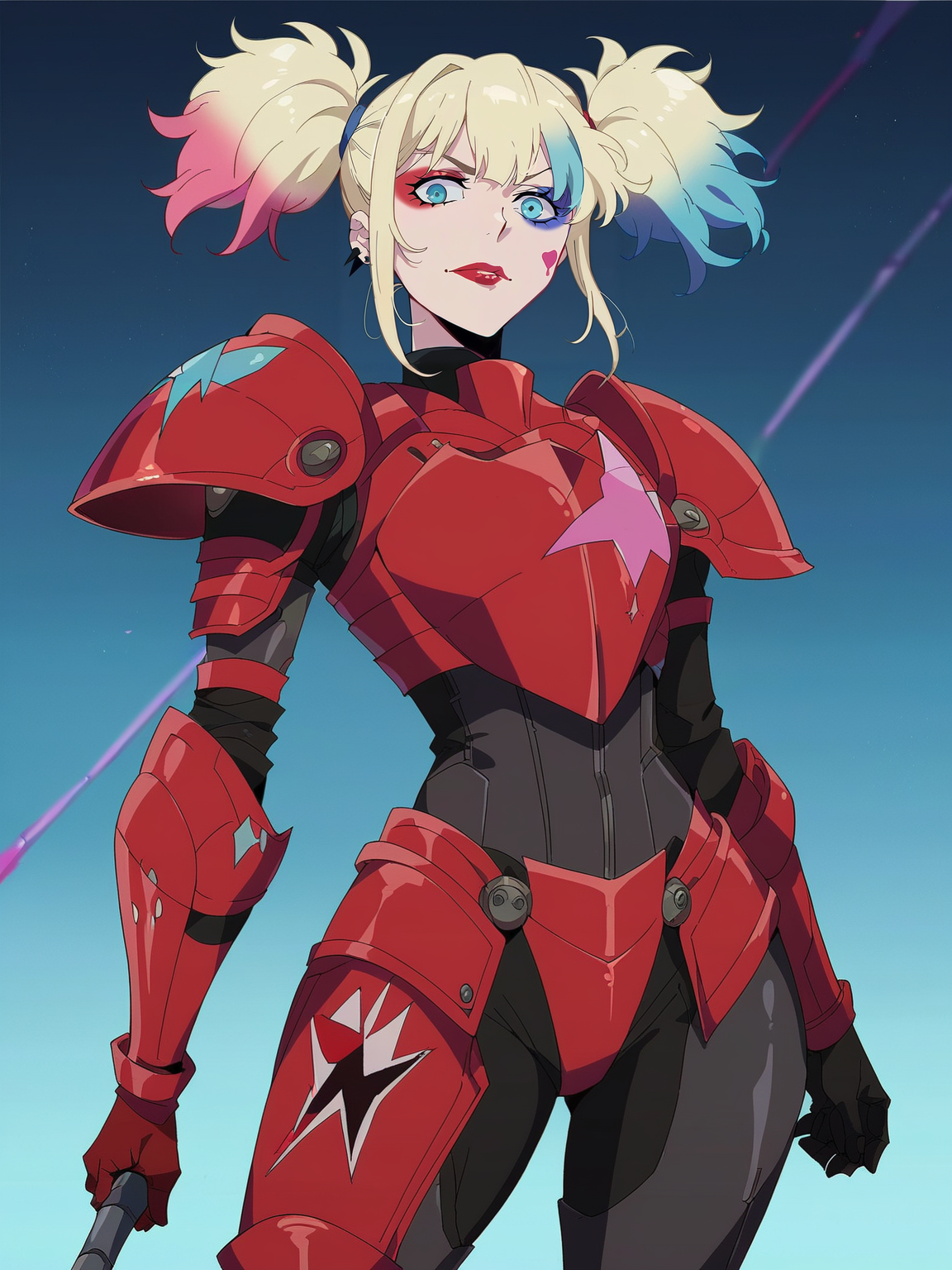 anime_source, <lora:Harley:0.7> h_y, 1girl, pale skin, pinkish red and blue makeup, cyan-colored eyes, heart below right eye, blood red lipstick, blonde hair, pink and blue twintails hair, blue hair streak,
((steel knight armor)), castle background, hips, score_9, score_8_up, score_7_up,