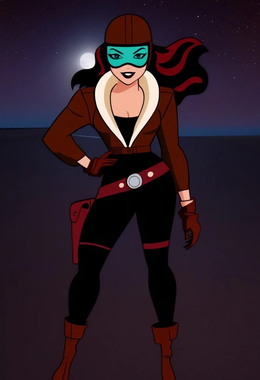 RS0TXTANE, 1girl, solo, dark red hair, long hair, brown aviator cap, turquoise-tinted goggles, dark red lipstick, brown aviator jacket with white fur collar, jacket, black tank top, black pants, belt, holster, brown gloves, brown boots.
Riding sky80lt.
Dusk, starry sky.
Masterwork.