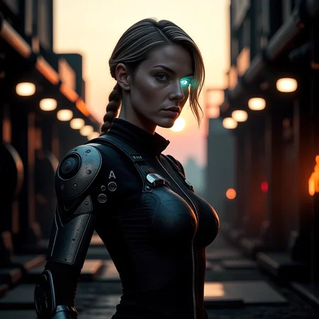 In a futuristic world, a mysterious figure emerges shrouded in rim lighting during sunset. The cybernetic woman with implants, clad in tactical techwear, stands amidst a mechanical universe, their presence both haunting and captivating. Their weathered mechanical_arms with heavy patina, add to her enigma. With piercing dimly glowing left mechanical_eye, gives the user a heterochromia appearance with a natural right eye, and a stoic expression. She embodies the fusion of technology and fashion. The scene, illuminated by the glow of machinery and crackling embers, creates an atmosphere of intrigue, leaving viewers eager to uncover the secrets within this cyberpunk narrative, where the past and future collide in a mesmerizing fashion.   <lora:scifi/fluxMechanicalArms_v1>, <lora:scifi/fluxAugments_v2>,  <lora:flux/aidmaImageUpgrader-FLUX-V0.2>, aidmaimageupgrader, <lora:flux/aeshteticv2>, aesthetic_pose, <lora:flux/Herbst_Photo_35mm v2>, herbstphoto,