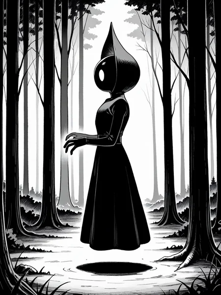 <lora:IL_flatwoods_monster:1>,flatwoods_monster/(Character/),forest,monochrome,floating,no humans,from side,blank eyes,, masterpiece,best quality,amazing quality,very aesthetic,absurdres,