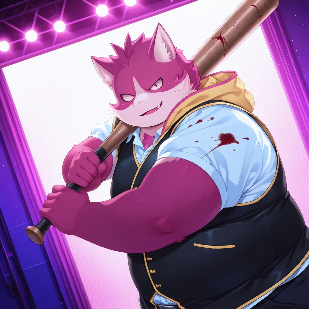 ((deep contrast, luminous lighting, cinematic ambiance, best quality, colorful, masterpiece, detailed_background)), <lora:t-bungo-v1A-15:1> (t-bungo, cat_boy), 1boy, black vest, puffy_short_sleeves, (white shirt under clothes), hooded_vest, hood_down, smirk, holding baseball bat, blood, fighting stance, blood on clothes, dutch angle, fang_out, parted lips, incoming attack, backlighting,