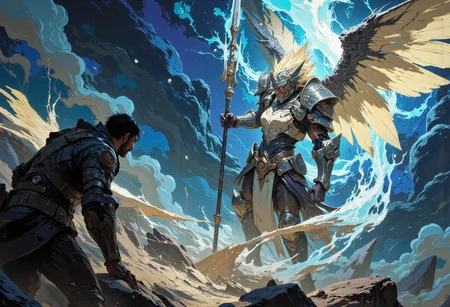 masterpiece, high-quality, photorealistic mythic warrior scene, The camera is positioned at the waist level of the valkyrie character, whose hand holding a massive spear etched with runes stands upright at her side, buzzing with latent thunderous energy is slightly blurred in the foreground. Steel silver wings at her back bristle with brilliant, reflective plumage, each steel feather rendered in hyperdetailed clarity. The focus is on the second character her enemy, placed according to the rule of thirds. They stand ready for battle, their tense posture and focused gaze revealing determination. Dramatic lighting enhances the tension, while the perspective builds drama, hinting at an inevitable clash. epic grandeur and raw elemental power, rule of thirds, An armored valkyries. The cinematic scale of the swirling tempest around her instills a breathless sense of epic grandeur and raw elemental power, rule of thirds, dof, depth of field, slight blur foreground, background focus, sharp background <lora:FLUX\FLUX-daubrez-DB4RZ:0.3> <lora:FLUX\ArcaneFGTNR:0.5> <lora:FLUX\VividlySurrealApex:0.6> <lora:FLUX\Anime v1.3:0.5>