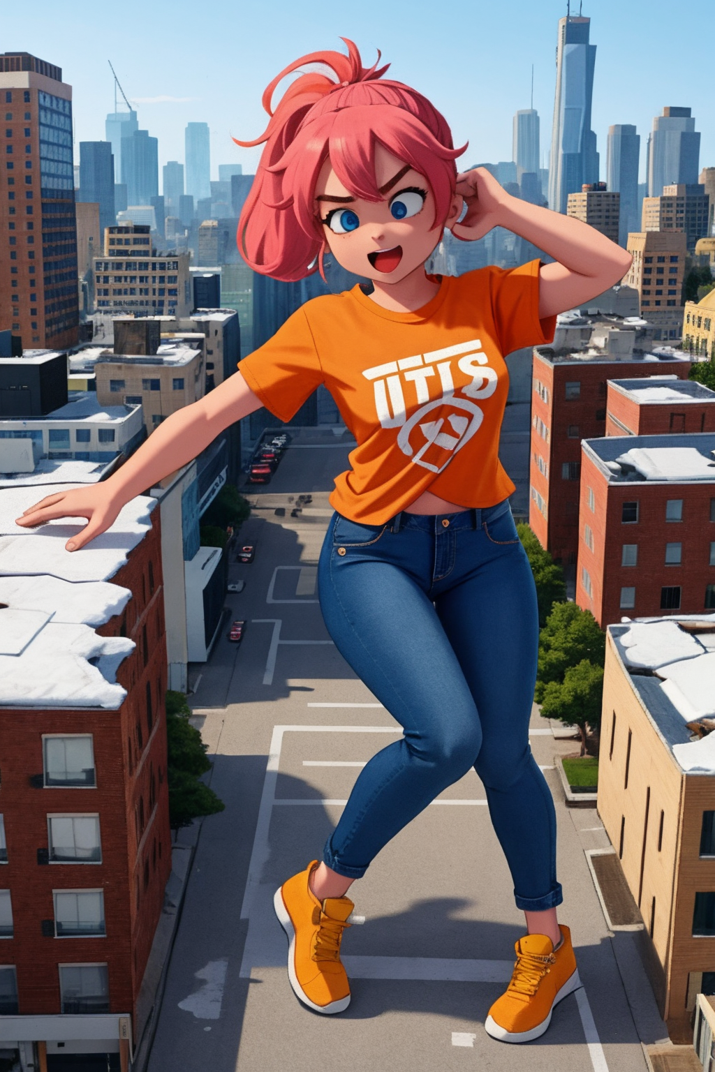 <lora:GTS:1>,1girl, aerial view, jeans, tshirt, dancing, city, medium shot, full body, ponytail, hair, gts, city, buildings, rampage, destruction