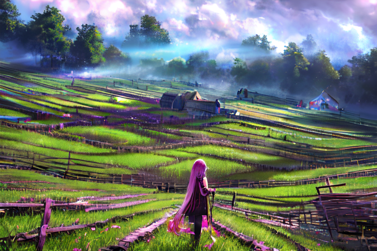 (otherworldly), highly insanely detailed, masterpiece, top quality, best quality, highres, 4k, 8k, RAW photo, (very aesthetic, beautiful and aesthetic), farm, fields, barn, fence, fantfa, <lora:FantasyFarm-10:1>, 
1girl, 
(magenta hair ,streaked hair), 
(pure pink background,transparent background),âââ
