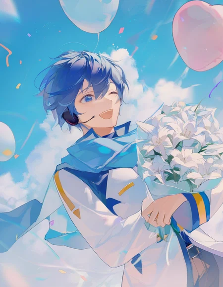 1boy, kaito \(vocaloid\), vocaloid, balloon, blue sky, solo, light smile, bouquet, holding bouquet, lily \(flower\), confetti, cowboy shot, wind, blue scarf, blue hair, cloud, aqua balloon, dutch angle, :d, laughing, blue balloon, blurry, pastel theme, (close-up:1.2), one eye closed,[masterpiece:0.15], [best quality:0.15], [newest:0.15], [absurdres:0.15]
 <lora:artist_niukou_kouzi_vpred:1>
