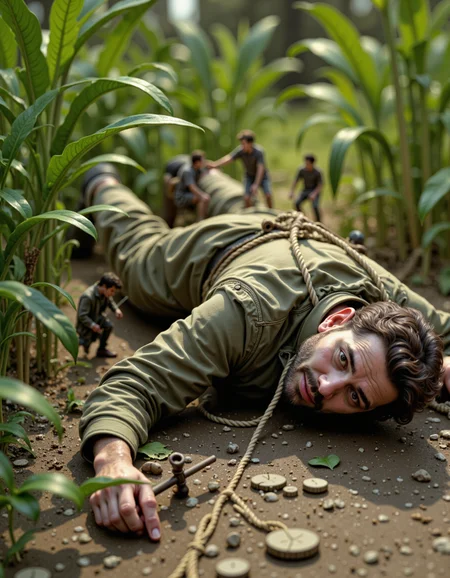raw photo, a giant man lying on the ground, tied down with ropes and strings, his face showing surprise and confusion. Surrounding him is a group of tiny 1 inch miniature people dressed in clothing made from leaves, each working together to secure him with string, some pulling the strings tight while others hammer stakes into the ground to hold him in place. The miniature figures wear clothes made of leaves, and their expressions are focused and determined, as if this is an important task. The contrast between the large man and the tiny people emphasizes the scale difference, with blades of grass towering over the miniature figures, and small objects like sticks and pebbles being used as their tools. Sunlight casts long shadows across the scene, highlighting the surreal and playful nature of the moment