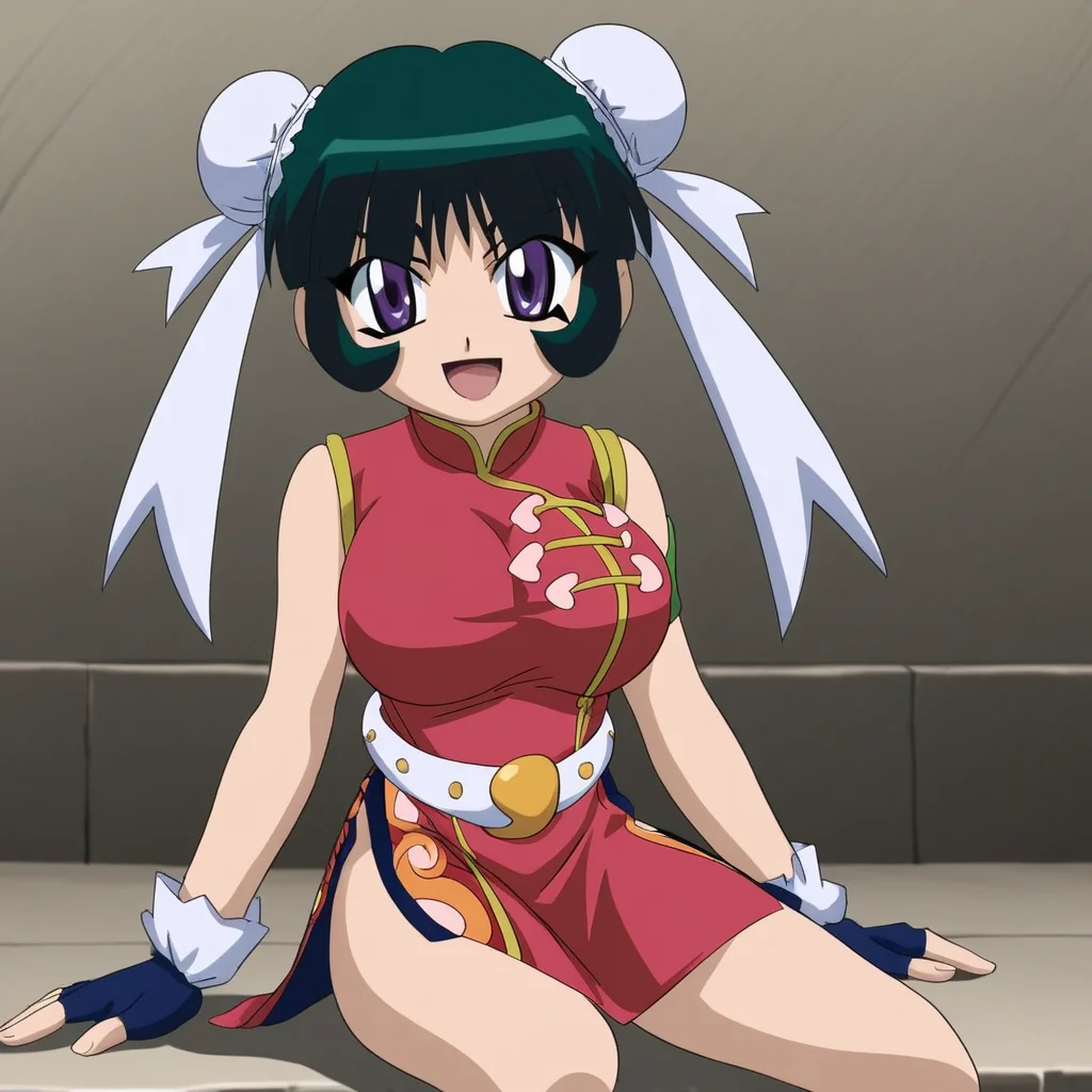 beyblade: metal fusion,mei-mei,1girl ,solo,breasts,chinese clothes,hair bun,double bun,china dress,open mouth,dress,sitting,smile,bangs,bun cover,gloves,fingerless gloves,purple eyes,looking at viewer,large breasts,belt,:d,taut clothes,shadow,bare shoulders side slit,sleeveless, wariza,green hair,standing