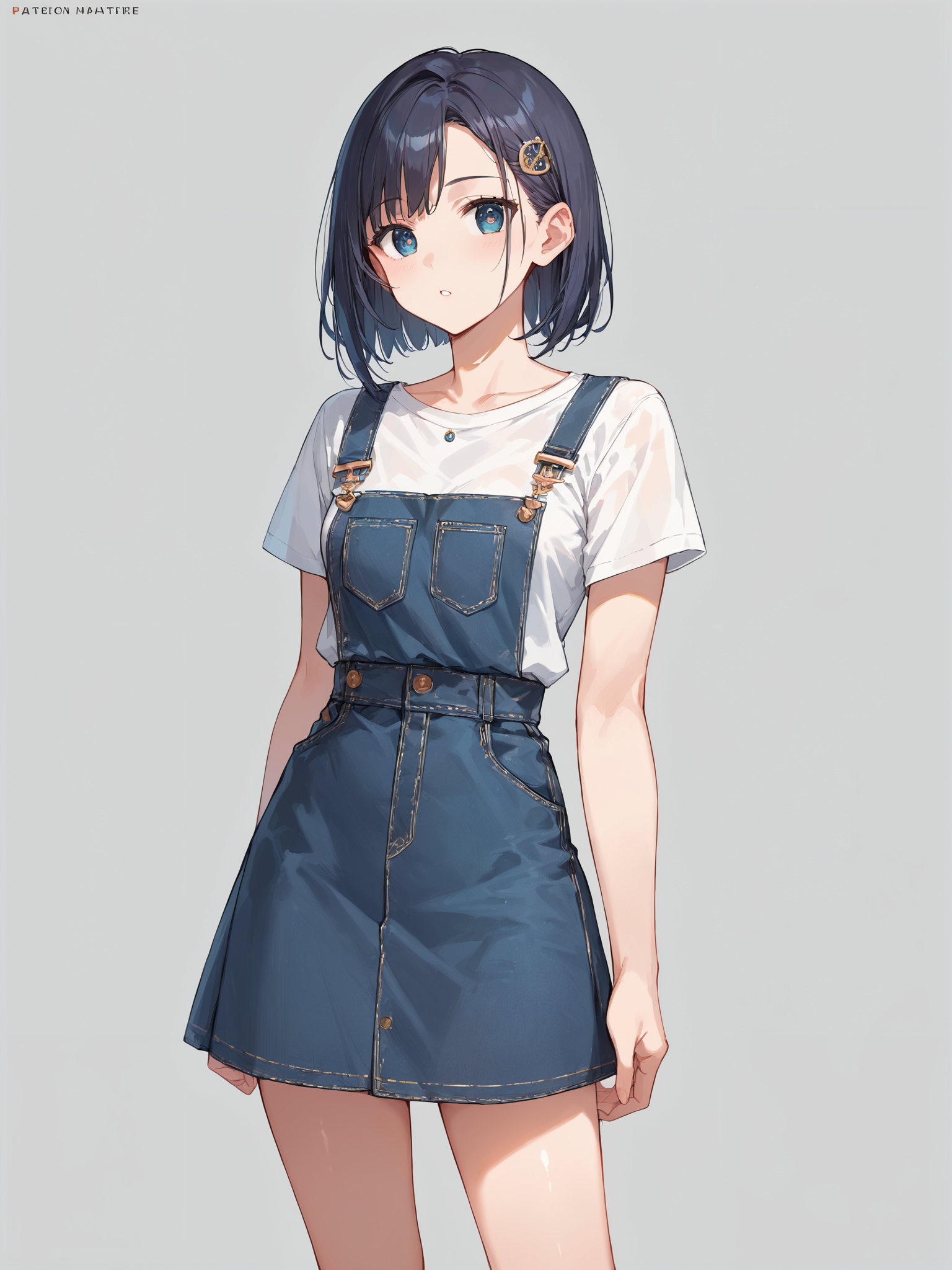score_9, score_8_up, score_7_up,source_anime, high res image,masterpiece,best quality,girl,cute face,clear skin,shiny hair,ultra detailed eyes,simple background <lora:salopette_pony_V1.0:0.8> salopette, overall skirt