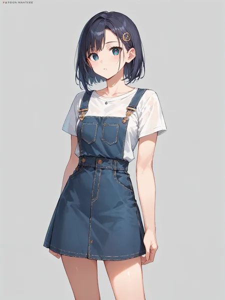 score_9, score_8_up, score_7_up,source_anime, high res image,masterpiece,best quality,girl,cute face,clear skin,shiny hair,ultra detailed eyes,simple background <lora:salopette_pony_V1.0:0.8> salopette, overall skirt