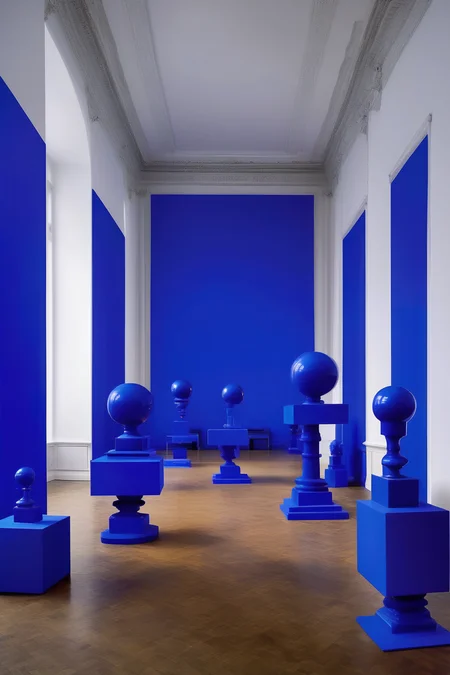 <lora:Yves Klein Style:1>Yves Klein Style - Classical Room, parquet floor, white walls, conference like suite, dutch interior, with striking contemporary Yves Klein blue coloured pedestals in the middle of the room. The blue objects in the middle is an abstract cube with museum pieces on top. Gallery like lighting. dark light outside, dark room, spot lights on blue objects, atmospheric lighting