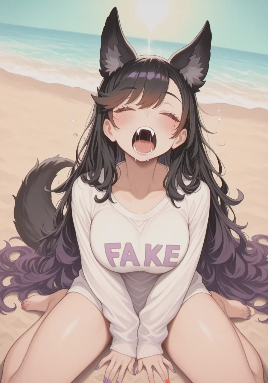 a woman sitting on the floor with her eyes closed and her hair blowing in the wind, 1girl, alternate costume, animal ears, atago \(azur lane\), bangs, barefoot, beach, black hair, black nails, blue nails, blush, breasts, closed eyes, eyebrows visible through hair, facing viewer, fangs, fox ears, fox tail, large breasts, long hair, mole, mole under eye, multicolored nails, nail polish, open mouth, pink nails, purple nails, red nails, saliva, sand, solo, stretch, tail, toenail polish, toenails, very long hair, white shirt, yawning, BREAK character_concept, cowboy_shot, (foreshortening:1.2, dutch_angle:1.25), <lora:Fake_IL_Style-000004:1.8> F4k3, heavy film grain, (vignetting), sparkling, overexposure, <lora:illustrious_quality_modifiers_masterpieces_v1:1> masterpiece, very aesthetic, absurdres