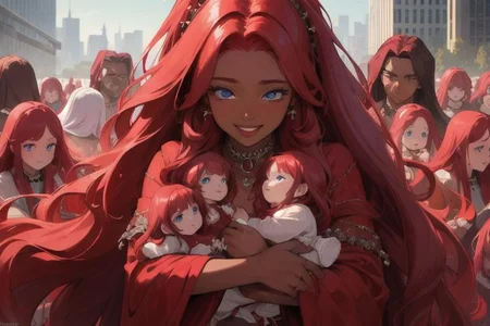(masterpiece, best quality:1.5), (ultra realistic:1.5), (8k uhd, very high quality:1.5), (extremely detailed face:1.5), (everyone has ruby red hair:1.5), (dark skin mother holding an endless amount of infants and surrounded by an endless amount of her children:1.5), (everyone smiling and happy:1.5), (everyone has bright blue eyes:1.5), (everyone has long ruby red hair:1.5), (the woman is surrounded by endless amounts of her children that fill the entire background:1.5), (the woman is surrounded by an endless amount of her children that fill the entire background:1.5), (city background:1.5), (holding an endless amount of infants, dark skin, ruby red hair:1.5)