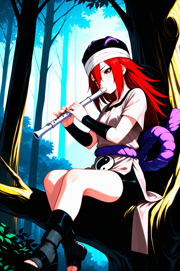 <lora:Tayuya IXL6:0.8> crsdrrm, red hair, long bangs, hair between eyes, long hair, black eyeliner, brown eyes, black hat, bandaged head, grey tunic, shimenawa, bracer, bike shorts, short sleeves, hat ornament, yin yang print, 1girl, solo, outdoors, forest, sitting, ankle wrap, toeless footwear, playing flute, sitting in tree <lora:illustriousXL_stabilizer_v1.23:0.4> <lora:NOOB_vp1_detailer_by_volnovik_v1:0.65> Smooth Quality <lora:Smooth_Booster:0.5> <lora:Smooth_Lighting_Enhancer:1> <lora:Expressive:1>, masterpiece, best quality, amazing quality,