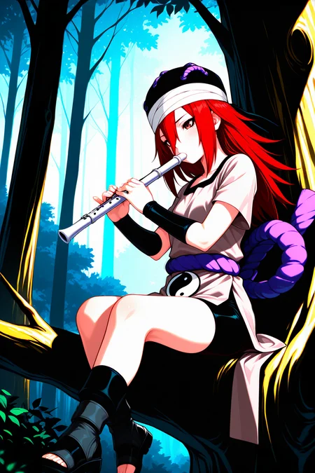 <lora:Tayuya IXL6:0.8> crsdrrm, red hair, long bangs, hair between eyes, long hair, black eyeliner, brown eyes, black hat, bandaged head, grey tunic, shimenawa, bracer, bike shorts, short sleeves, hat ornament, yin yang print, 1girl, solo, outdoors, forest, sitting, ankle wrap, toeless footwear, playing flute, sitting in tree <lora:illustriousXL_stabilizer_v1.23:0.4> <lora:NOOB_vp1_detailer_by_volnovik_v1:0.65> Smooth Quality <lora:Smooth_Booster:0.5> <lora:Smooth_Lighting_Enhancer:1> <lora:Expressive:1>, masterpiece, best quality, amazing quality,