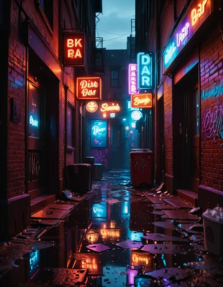 A highly detailed and realistic photograph of a dark alleyway behind a bar at night. The narrow passage is dimly lit by a flickering neon sign casting a moody red and blue glow onto the wet pavement. The walls are made of old, weathered brick covered in graffiti, with metal fire escapes zigzagging above. Trash bags and discarded crates are scattered along the alley, and a few puddles reflect the neon lights, adding depth to the scene. A single, dented metal door with a small, barred window leads into the back of the bar, with a faint warm light seeping through the cracks. The air is thick with mist, and the distant hum of the city is broken only by the occasional drip of water from a rusted drainpipe. A sense of mystery and urban grit fills the atmosphere, evoking a cinematic, noir-style aesthetic.
<lora:SDXLFaeTastic2400:0.4> <lora:extremely_detailed:0.4> extremely detailed, <lora:all3yway-ill:1>,all3yway, Masterpiece,best quality,hi res,8k,hi res,8k,award winning,(sharp focus, intricate, highly detailed),