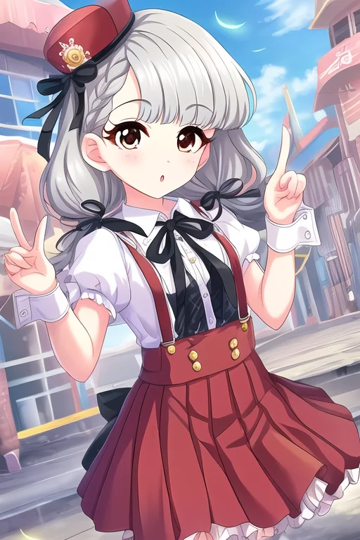 Hisakawa Nagi, 1girl, :o, black ribbon, blue flower, blush, braid, braided bangs, brown eyes, brown flower, collared shirt, crown, dress shirt, flower, grey hair, hair over shoulder, hair ribbon, hands up, hat, hat flower, looking at viewer, low twintails, mini crown, mini hat, parted lips, pleated skirt, puffy short sleeves, puffy sleeves, red headwear, red skirt, ribbon, shirt, short sleeves, skirt, suspender skirt, suspenders, tilted headwear, twintails, v over eye, white shirt, wrist cuffs
<lora:deresute-v1.2:1>