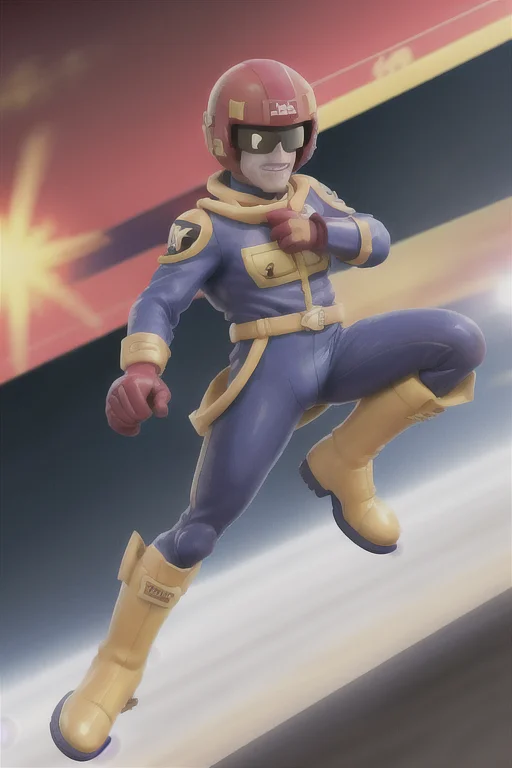 1man CaptainFalcon saluting on a race track, cars speeding by, red helmet, blue suit, yellow scarf, gloves, golden boots <lora:CaptainFalcon2:1>