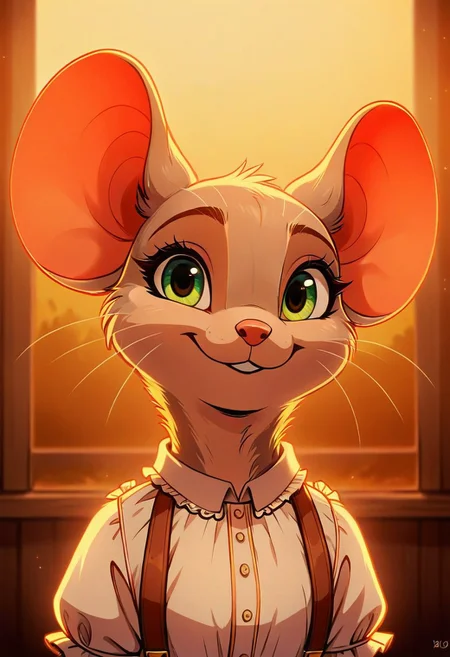 score_9, score_8_up, score_8, (solo), (fluffy), (feral:1.3), (((mouse))), indoors, female, green eyes, grey fur, grey ears, (fluffy cheeks:0.7), (frilly shirt, pants, suspenders), (cute), in the style of beatrix potter, fca style, cel-shading, (close up, head and shoulder portrait:1.9), shop, steampunk, look at viewer, (smile, cute:0.8), white underbelly,