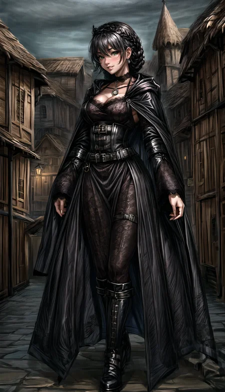 medieval, gothic, (medieval village background:1.2),
straight-on,
full body, female, adult, thick body, busty, boots, 
A long black velvet gown with a corseted bodice, bell sleeves, and lace overlay.
A hooded cloak lined with faux fur.
Silver jewelry with black gemstones and a lace choker., hair braided in to a crown held together by small silver charms, black hair,
HD, very detailed, 
 <lora:more_details:1.0>,   <lora:Darkness:0.65> darkness,  <lora:Bloodborne:0.5> <lora:Gothic_Outfit:0.5> gothout,