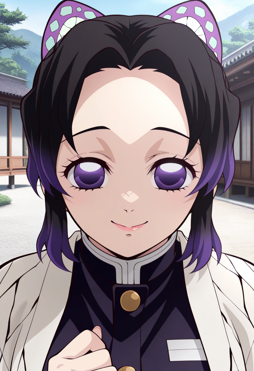 newest, masterpiece, best quality, 4k,
outdoors, very aesthetic, detailed background, face focus, upper body,
1girls, solo,  <lora:Shinobu Kocho - Demon Slayer:1> shin0bu, kochou shinobu, black hair, purple hair, multicolored hair, gradient hair, purple eyes, butterfly hair ornament, demon slayer uniform, long sleeves,jacket,smile,