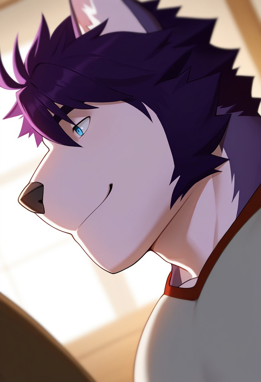 <lora:WalterAFCL:1>, walter, wolf boy, white fur, two-tone fur, blue eyes, perfecteyes, short hair, purple hair, wolf tail, mucualar, bara, athletic build, large pectorals, furry male, furry, solo, 1boy, beautiful, very aesthetic, hyper-detailed, depth of field, amazing quality, highres, high sharpness, dynamic angle, cinematic lighting, detailed background, shirt, short sleeves, brown pants, close up, face focus, portrait, smile