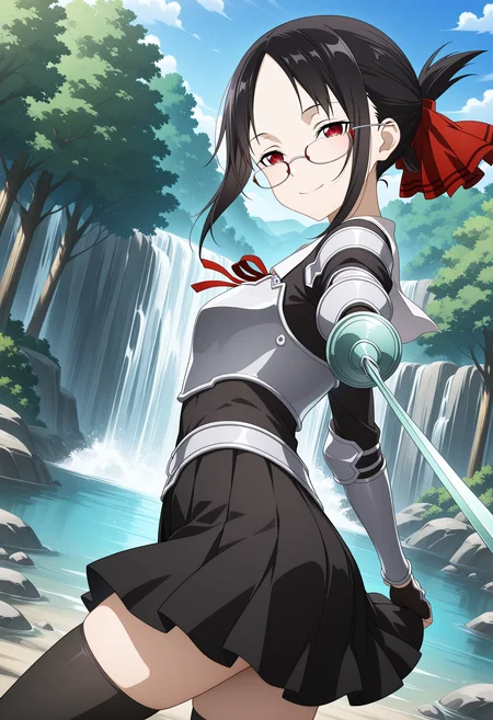masterpiece, best quality, high resolution, source_anime, highly detailed illustration, detailed eyes,
very aesthetic, absurdres, newest, amazing quality,
armor, pleated skirt, thighhighs, cowboy shot, incoming attack,
1girl, solo, shinomiya kaguya, sword art online, rapier, holding, outdoors, forest, river, waterfall, smile, half-closed eyes, looking at viewer, serious, sky, dutch angle, from side,
<lora:shiCrookedEyeV1ill:1>, shicrookglass, crooked eyewear,