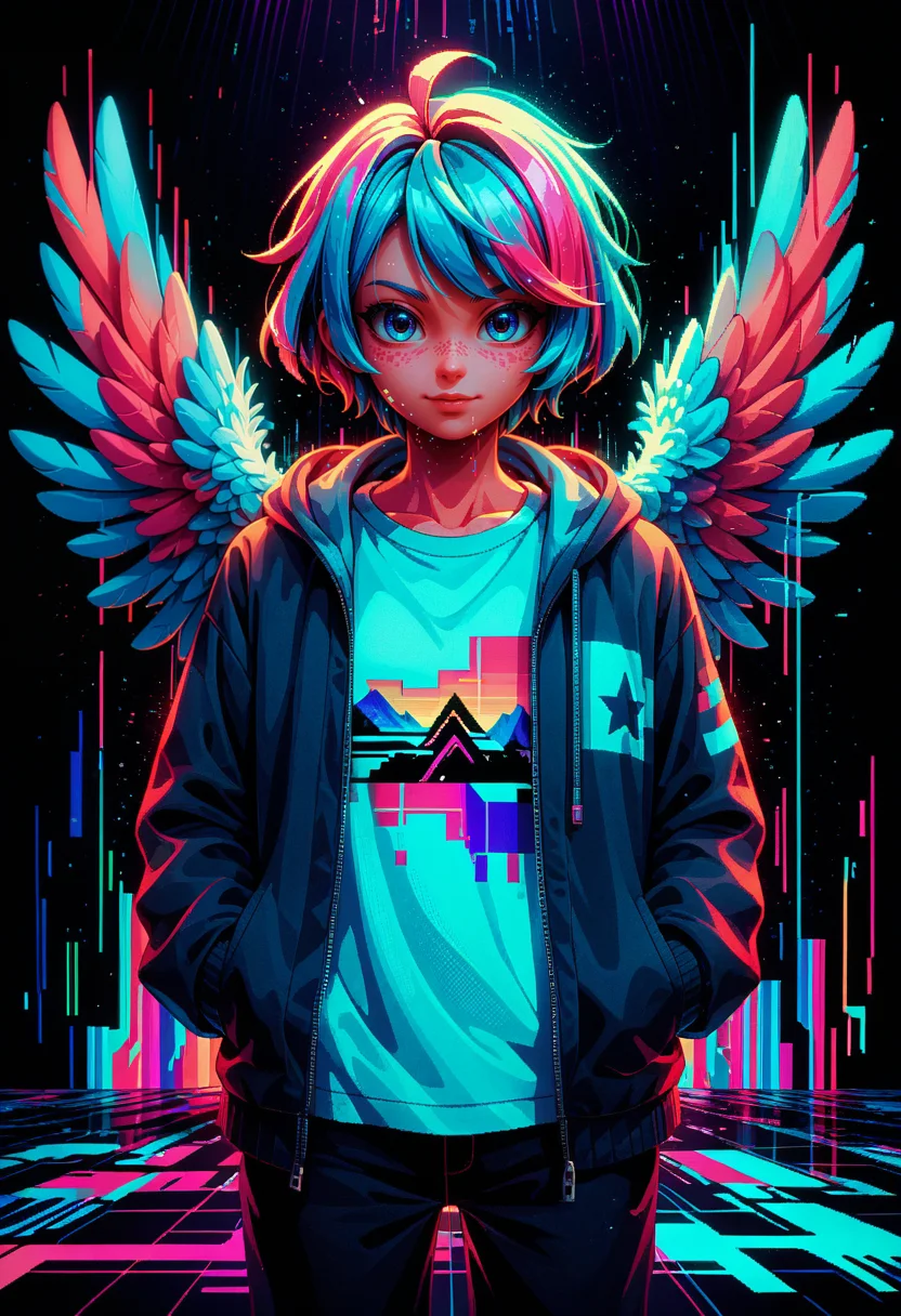 score_9, score_8_up, score_7_up, score_6_up, source_anime, masterpiece, newest,
1girl, pixelated, limited palette, glitch, glitching, glitch art, scanlines, chromatic aberration, wings, casual clothes, feathers