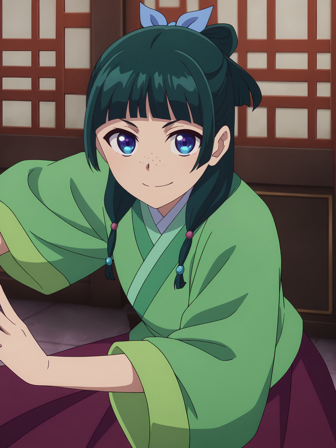 <lora:Maomao_Character:0.8>maomao, 1girl, solo, blue eyes, freckles, dark green hair, twin braids, blunt bangs, pink hair tie, blue hair bow, green kimono, purple hakama, smile, closed mouth, dynamic pose, looking at viewer, indoors