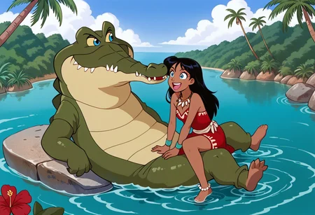 Tick tock crocodile,male animal focus, crocodile open large mouth ,green skin, blue eyes, Tick Tock the crocodile is giant and very huge size,teeth, swimming in water,partially submerged,Tick Tock the crocodile looking at a young Choi mochimazzi who she is sitting on a rock. choim, Kairi ,long hair, black hair, dark-skinned female, tropical,blue eyes,red flowers hair, blue Inca long_dress, jewelry, dark skin,smile,laught,necklace_pearl, bracelet, red tribal tattoo,wristband,anklet, barefoot,open mouth,river,palm trees, jungle tropical, Disney, anime,manga