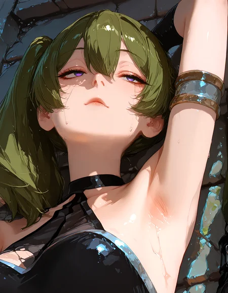 masterpiece, best quality, ultra-detailed, high resolution, absurdres, realistic shading, amazing quality. A beautiful illustration of Ubel from Sousou no Frieren. She has purple eyes(eyeshd). Her hair is green and in a side ponytail. She is wearing a sleeveless, pleated, short black dress with a halterneck, black belt, armlet, black gloves. She has one arm raised, enticing the viewer with her sexually attractive, detailed armpit. There is sweat on her arm and armpit. She is scowling at the viewer. The background is a stone brick wall. close-up, zoomed in, cropped face, focus on armpit, shoulder focus, upper torso, partial face, partial head, (framed armpit:1.2), dynamic close-up, (green hair:1.1), single armpit focus