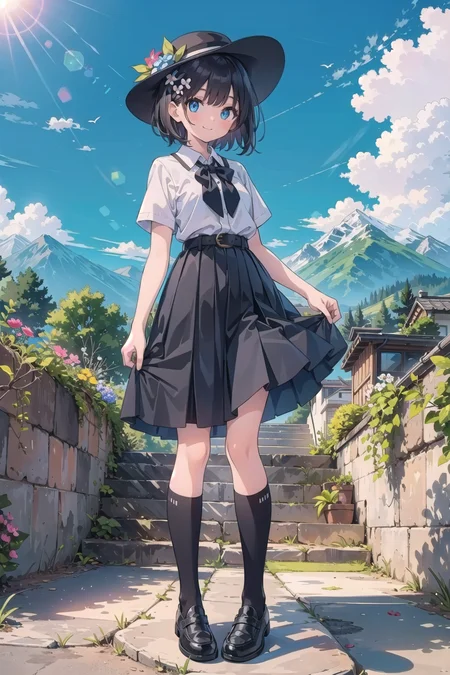 (masterpiece), 1girl, solo, outdoors, skirt, blue eyes, socks, stairs, sun, hat, mountain, shirt, blush, skirt hold, shoes, looking at viewer, black socks, black skirt, sky, black hair, day, white shirt, loafers, bangs, belt, black footwear, full body, cloud, short hair, standing, kneehighs, blue sky, black belt, flower, plant, tree, high-waist skirt, hat flower, smile