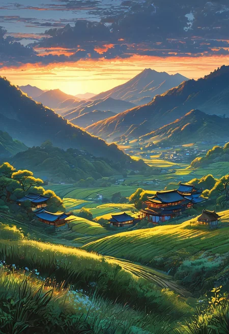 A captivating night scene illustration the Japanese Countryside This enchanting artwork captures a serene and peaceful early morning, where the sun is just starting to rise over the beautiful hills and, creating a cinematic experience 
 illustration, cinematic
<lora:DonM3t3rn1tyXL-v1.1:0.7>, DonM3t3rn1tyXL,
OverallDetailXL  <lora:MJ52:0.3>  <lora:SDXLFaeTastic2400:0.4>  <lora:EpicF4nta5yXL:0.7>