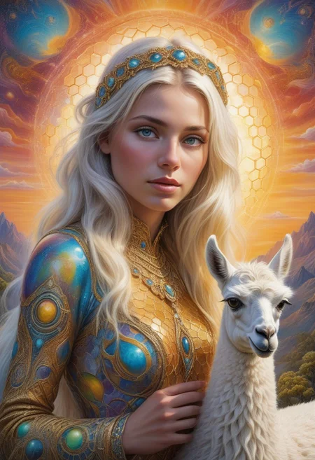 ((alex gray psychedelic painting.)) A serene young woman with long, platinum hair adorned with a jeweled headband, gently holding a fluffy white llama. They are bathed in soft, ethereal light amidst a cloudy, dreamlike background.
The scene unfolds in a surreal landscape of towering honeycombs, their intricate hexagonal patterns glowing with warm, golden hues. The honeycombs stretch upward like fantastical structures, their surfaces shimmering with iridescent nectar that reflects light in mesmerizing ways. The entire scene is depicted in a highly detailed, psychedelic style, reminiscent of Alex Grey’s art, with intricate patterns weaving through the honeycomb environment. The radiant honeycombs create a dreamlike atmosphere of wonder and beauty.
