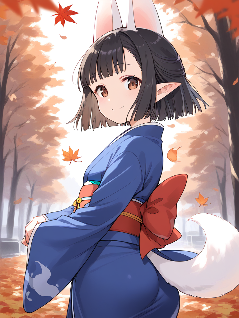 score_9, score_8_up, score_7_up, source_anime, rating_explicit, BREAK  <lora:Hasaha_XL:1> Hasaha, animal ears, black hair, brown eyes, pointy ears, short hair, white tail, short stack, japanese clothes, blue kimono, sash, obi, fallen leaves, autumn, day, smile, aura, looking at viewer, cowboy_Shot,