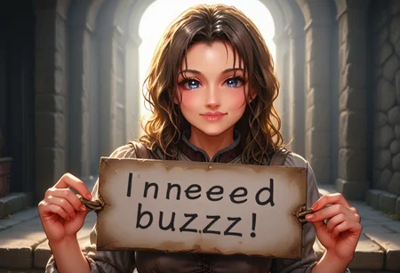 masterpiece, best quality, Ray tracing, hdr, volumetric lighting, highres, detailed background, source_anime, detailed eyes, female, pose, 1girl, smile, frieren, (need_buzz), holding sign, , solo, looking at viewer