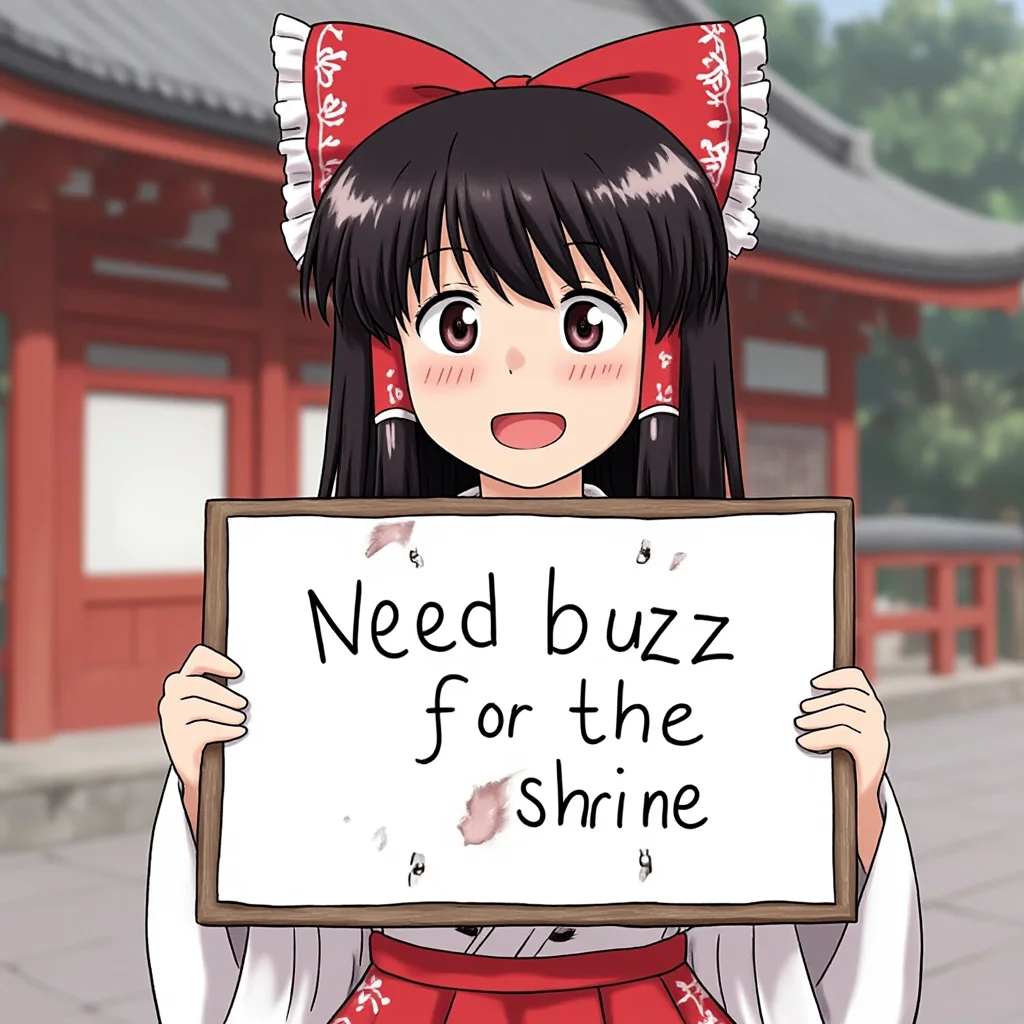 Hakurei Reimu from Touhou holding a sign that says "Need buzz for the shrine". A traditional japanese shrine is in the background.