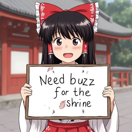 Hakurei Reimu from Touhou holding a sign that says "Need buzz for the shrine". A traditional japanese shrine is in the background.