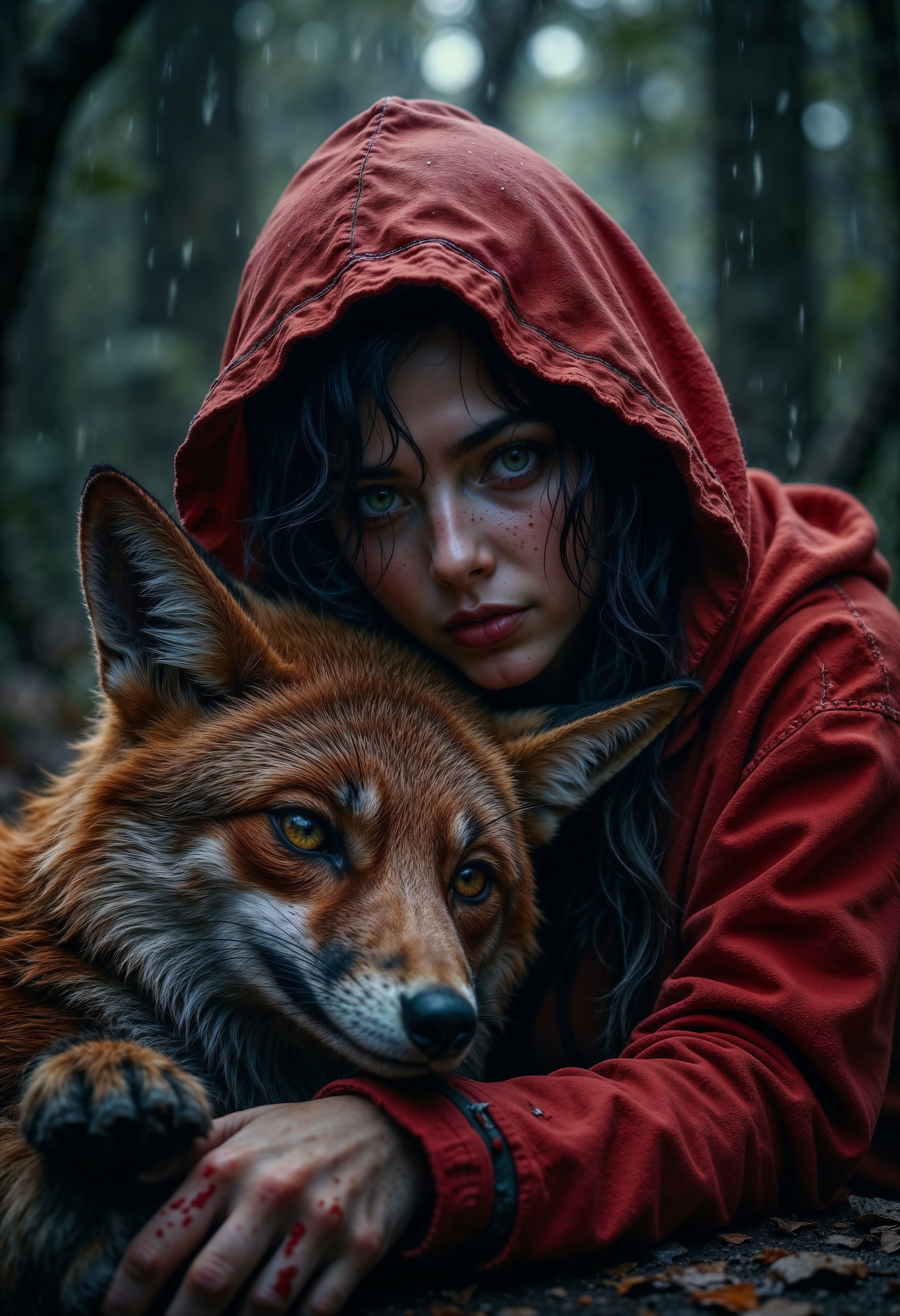 Highly detailed and dramatic digital artwork featuring a young woman with striking green eyes and fair skin, wearing a vibrant red hooded cloak. Her dark hair is slightly wet, suggesting a rainy or misty environment. She is closely embracing a large, realistic fox with a thick, textured fur coat. The fox's eyes are piercing and its fur is intricately detailed, with a natural red and dark pattern. The woman's hand, with red-stained fingers, rests gently on the fox's head, adding a sense of unity and connection between them. The background is a dark, dense forest, enhancing the mysterious and enchanting atmosphere of the scene. The overall composition is rich in color and texture, emphasizing the bond between the woman and the fox. <lora:FluxMythR3alisticF:1>