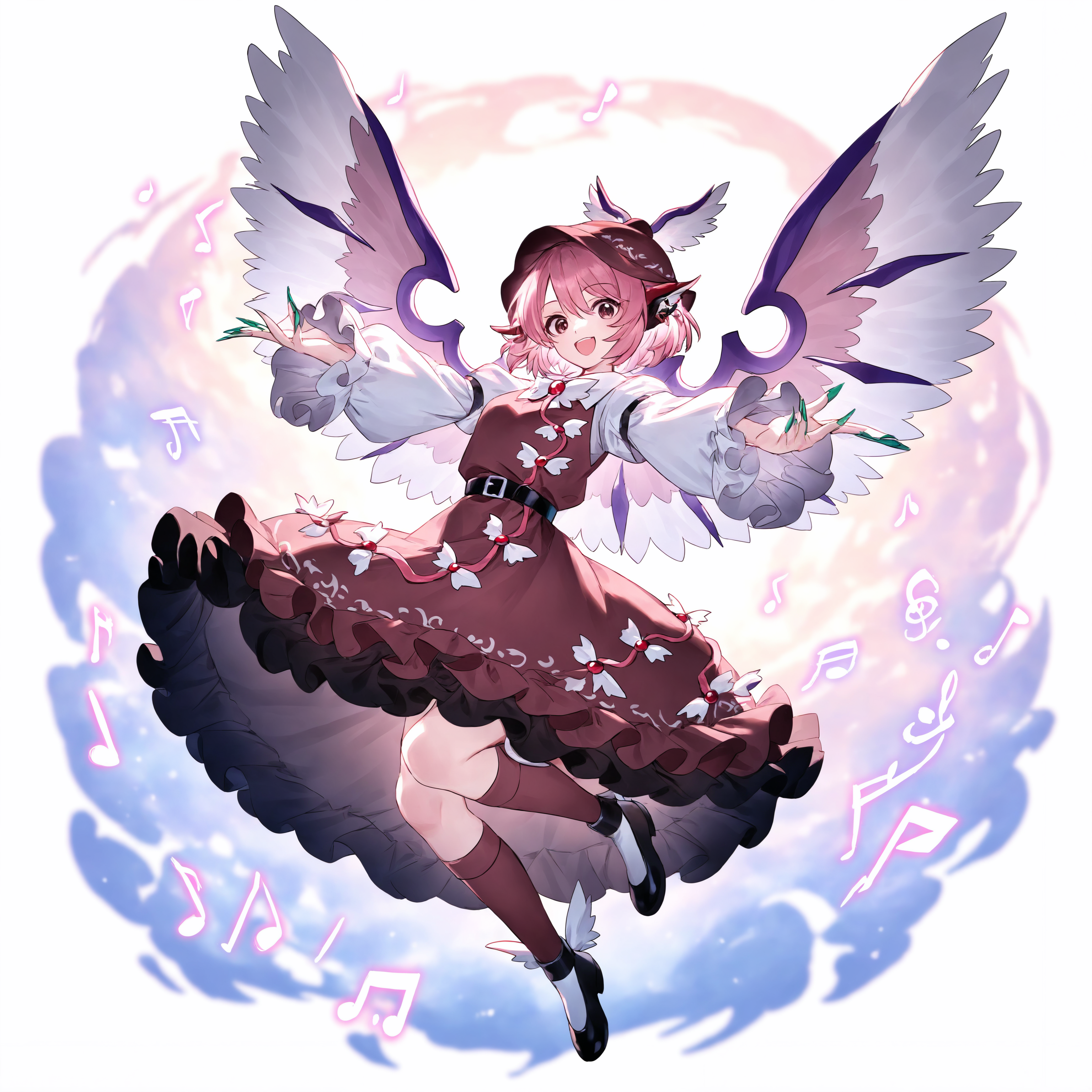 ,mystia lorelei, 1girl, solo, looking at viewer, blush, smile, open mouth, short hair, long sleeves, dress, hat, animal ears, hair between eyes, jewelry, brown eyes, tail, full body, pink hair, earrings, frills, boots, wings, shoes, socks, puffy sleeves, belt, black footwear, nail polish, fingernails, kneehighs, frilled dress, outstretched arms, feathered wings, musical note, single earring, long fingernails, white wings, brown headwear, sharp fingernails, eighth note, bird wings, brown dress, green nails, beamed eighth notes, bird ears, treble clef, winged hat, quarter note, beamed sixteenth notes, brown socks, winged footwear,<lora:TestTestTest!\uuzan\Uuzan_Style_NBV1.safetensors:0.95:0.95>,,masterpiece,best quality,newest,absurdres,highres,very awa,detail background <lora:None:0.9500000000000002>