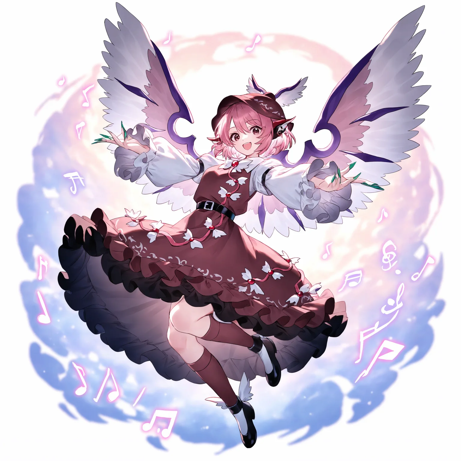 ,mystia lorelei, 1girl, solo, looking at viewer, blush, smile, open mouth, short hair, long sleeves, dress, hat, animal ears, hair between eyes, jewelry, brown eyes, tail, full body, pink hair, earrings, frills, boots, wings, shoes, socks, puffy sleeves, belt, black footwear, nail polish, fingernails, kneehighs, frilled dress, outstretched arms, feathered wings, musical note, single earring, long fingernails, white wings, brown headwear, sharp fingernails, eighth note, bird wings, brown dress, green nails, beamed eighth notes, bird ears, treble clef, winged hat, quarter note, beamed sixteenth notes, brown socks, winged footwear,<lora:TestTestTest!\uuzan\Uuzan_Style_NBV1.safetensors:0.95:0.95>,,masterpiece,best quality,newest,absurdres,highres,very awa,detail background <lora:None:0.9500000000000002>