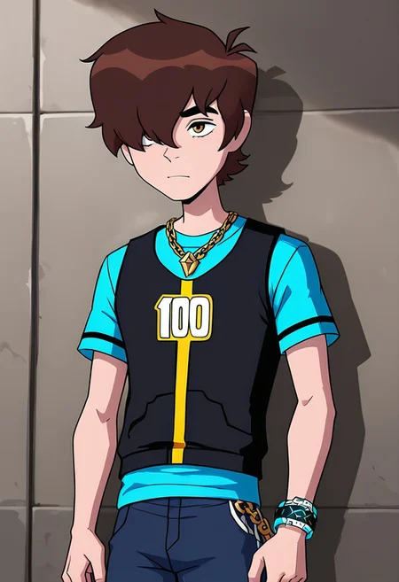 masterpiece, best quality, amazing quality, very aesthetic, absurdres, newest,
benov, short hair, brown hair, 1boy, solo,, thick eyebrows,
blue shirt, black sleeveless vest, dark blue pants, hair over one eye, emo haircut, gold chains,
blue smartwatch, glowing watch,