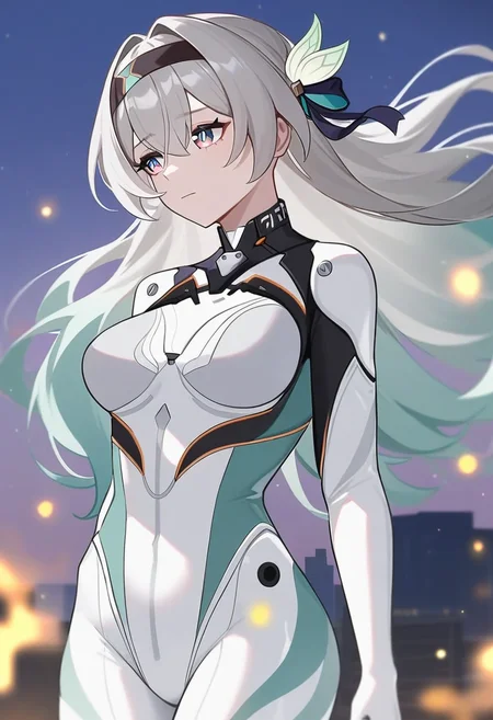 <lora:firefly_V3:1>,cowboy_shot,firefly_\(honkai:_star_rail\),highres,expressionless,looking_ahead,firefly_\(ar-26710\)_\(honkai:_star_rail\),looking_to_the_side,white_bodysuit,1girl,official_alternate_costume,solo,black_hairband,pilot_suit,closed_mouth,medium_breasts,