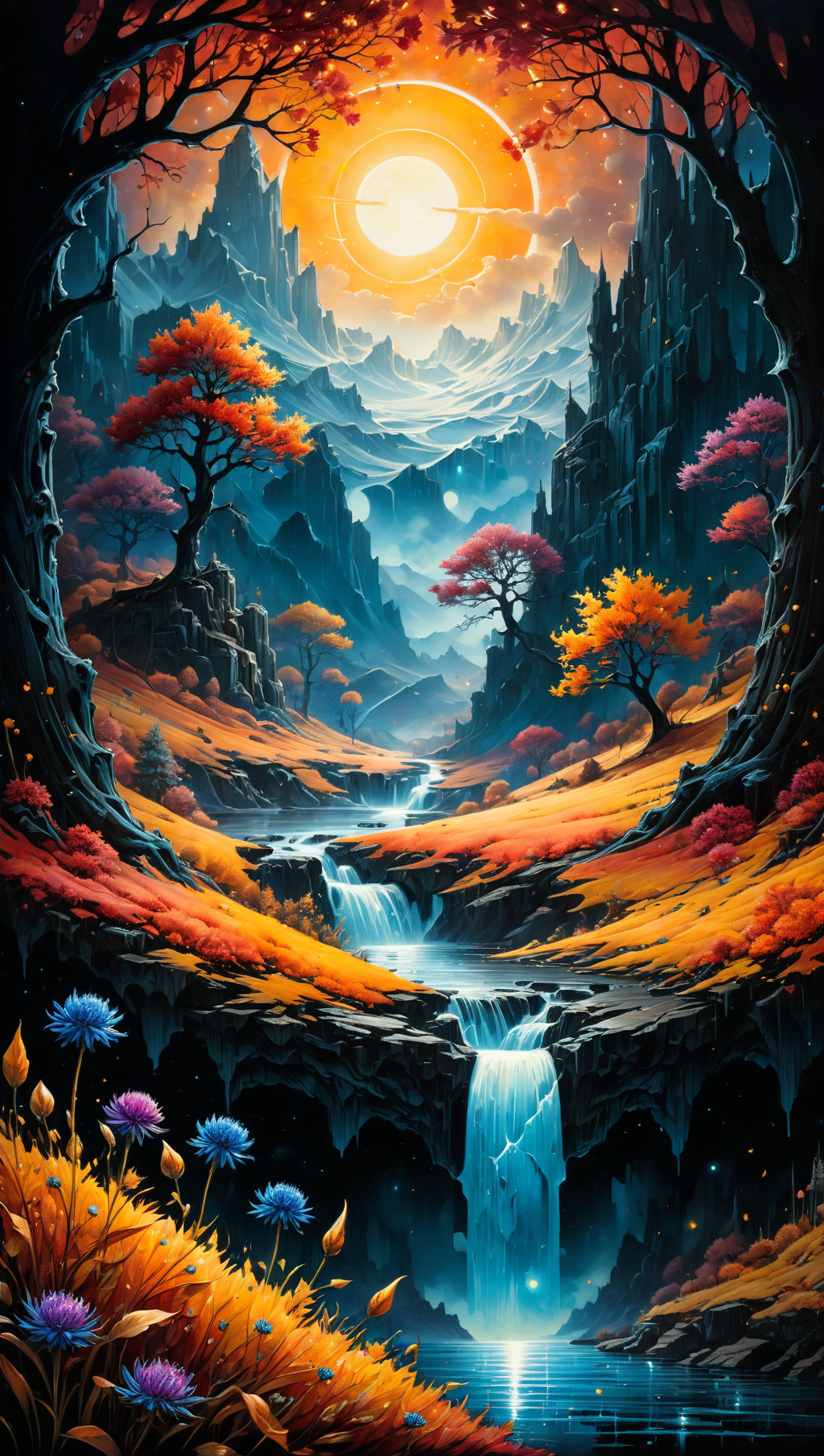 autumn best quality, ink painting, acrylic, cute ice cornflowers, sunrise, by Craola, Dan Mumford, Andy Kehoe, 2d, flat, adorable, vintage, art on a cracked paper, fairytale, storybook detailed illustration, cinematic, ultra highly detailed, tiny details, beautiful details, mystical, luminism, vibrant colors, complex background, centered, symmetry, painted, intricate, volumetric lighting, beautiful, rich deep colors masterpiece, sharp focus, ultra detailed, in the style of dan mumford and marc simonetti, astrophotography, centered, symmetry, painted, intricate, volumetric lighting, beautiful, rich deep colors masterpiece, sharp focus, ultra detailed, in the style of dan mumford and marc simonetti, astrophotography<lora:xl_more_art-full_v1:0.5>