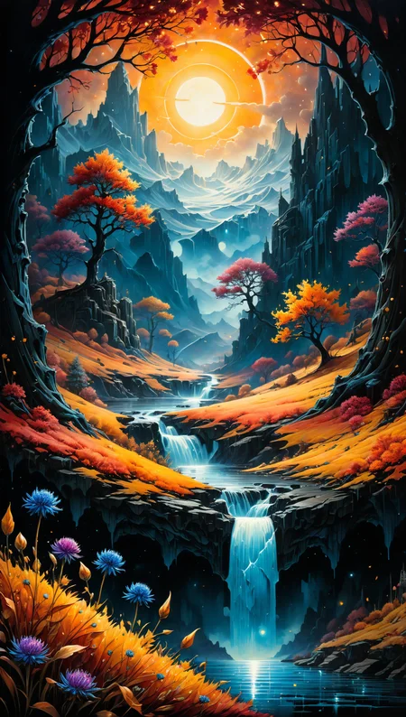 autumn best quality, ink painting, acrylic, cute ice cornflowers, sunrise, by Craola, Dan Mumford, Andy Kehoe, 2d, flat, adorable, vintage, art on a cracked paper, fairytale, storybook detailed illustration, cinematic, ultra highly detailed, tiny details, beautiful details, mystical, luminism, vibrant colors, complex background, centered, symmetry, painted, intricate, volumetric lighting, beautiful, rich deep colors masterpiece, sharp focus, ultra detailed, in the style of dan mumford and marc simonetti, astrophotography, centered, symmetry, painted, intricate, volumetric lighting, beautiful, rich deep colors masterpiece, sharp focus, ultra detailed, in the style of dan mumford and marc simonetti, astrophotography<lora:xl_more_art-full_v1:0.5>