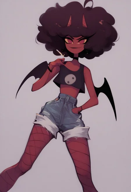 score_9, score_8_up, score_7_up, HCSV1, Helluvabossstyle, VerosikaCrewGirlsCoco, 1 girl, horns, fishnets, solo, dark skin, shorts, colored skin, pantyhose, horns, wings, demon girl, afro, dark-skinned female,