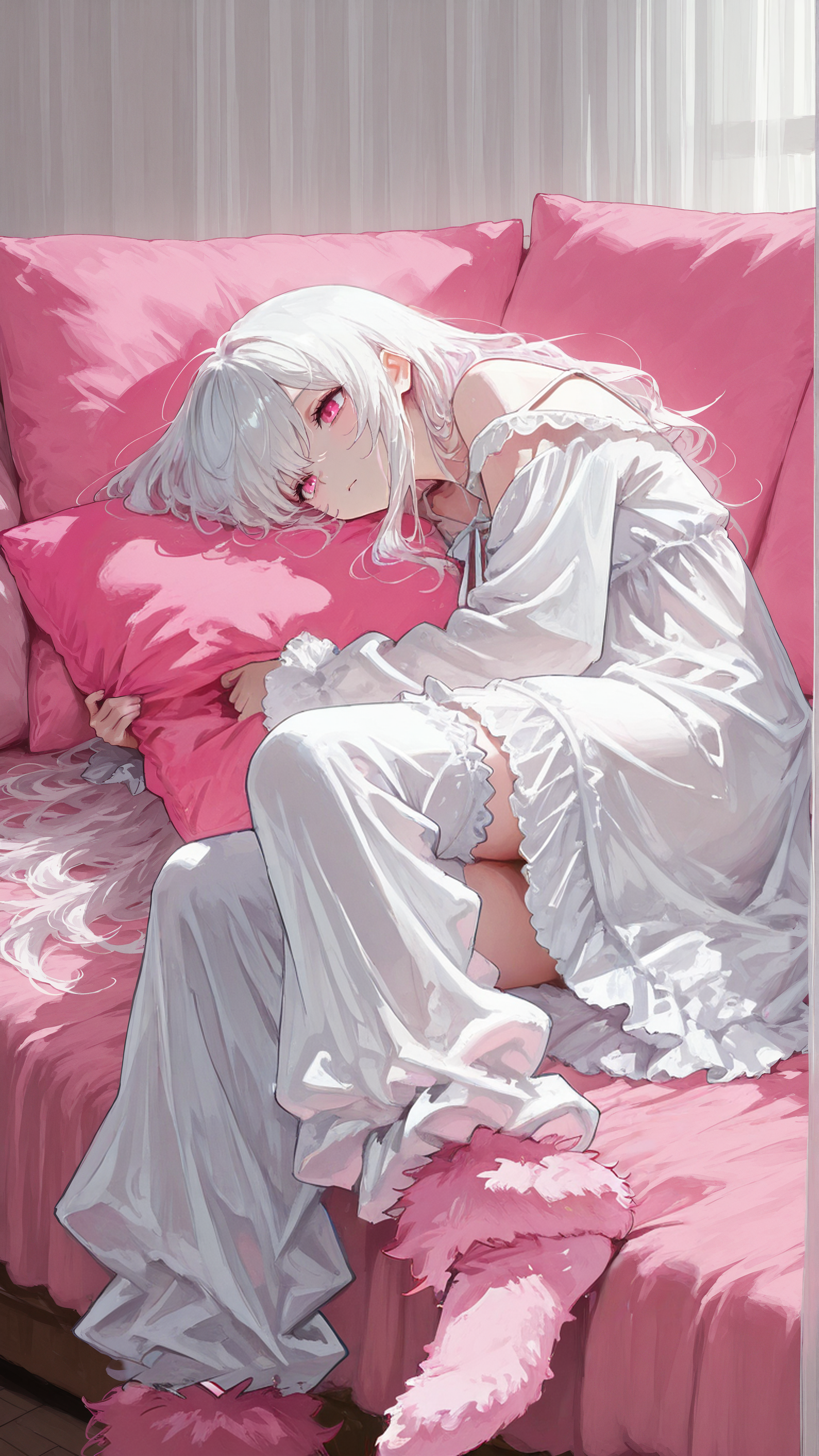 masterpiece, newest,absurdres,incredibly absurdres, best quality, amazing quality, very aesthetic, 
1girl,white nightgown, fluffy legwear, pink pillows,
<lora:fuyumur4s4ki_style:0.8> fuyumur4s4ki_illu <lora:Retro_Glitch:1>
