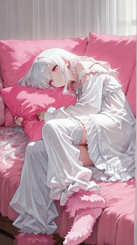 masterpiece, newest,absurdres,incredibly absurdres, best quality, amazing quality, very aesthetic,
1girl,white nightgown, fluffy legwear, pink pillows,
<lora:fuyumur4s4ki_style:0.8> fuyumur4s4ki_illu <lora:Retro_Glitch:1>
