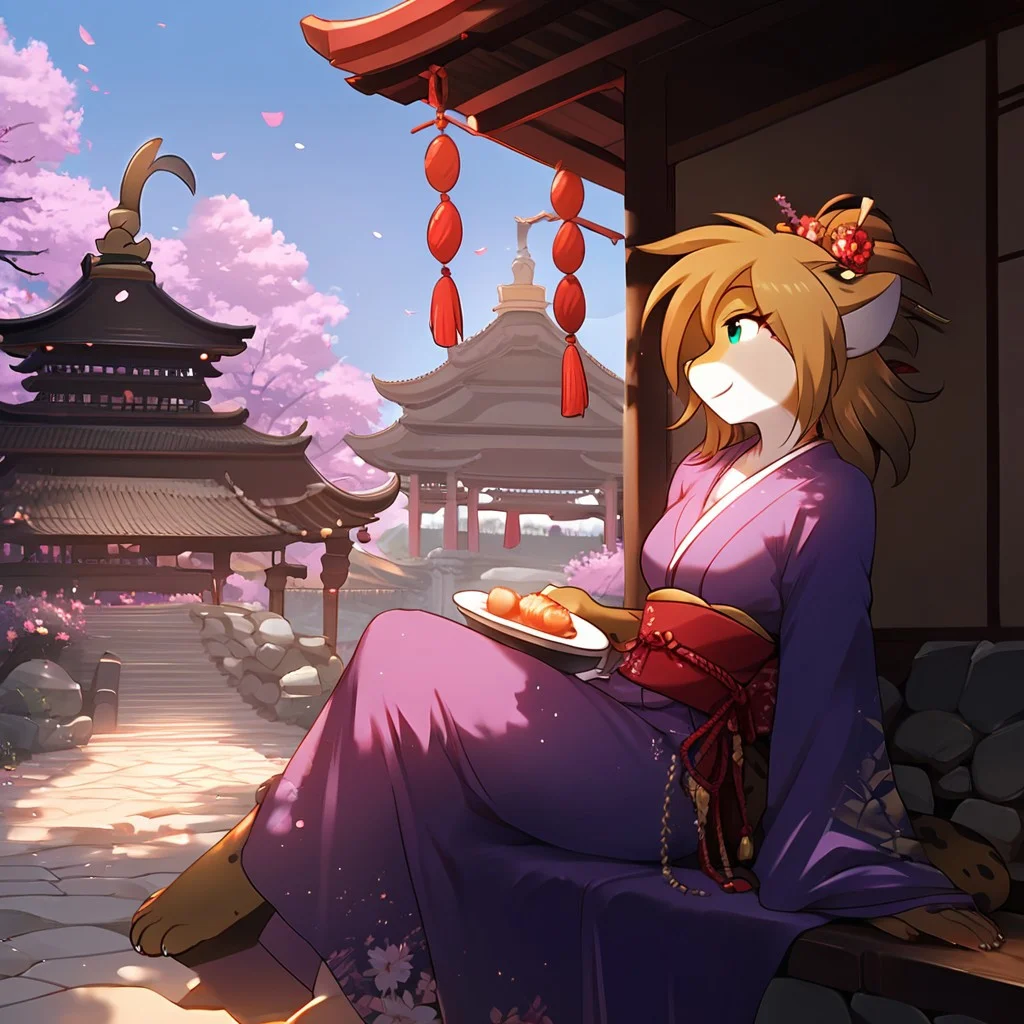 score_9, score_8_up, score_7_up, masterpiece, best quality, good quality, source_furry, Expressiveh, feudal japan, city, stone pavement, pagoda, sakura trees, food stall, dango, 1 girl, solo, kathrin-twokinds, anthro, purple kimono, sitting on the bench, leaning back, looking into the sky, smile