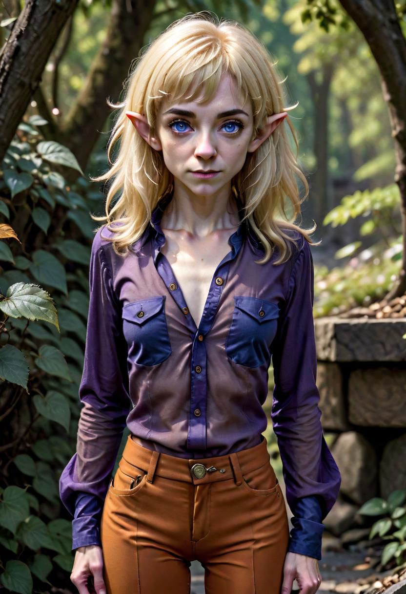 photo of pale (Age 19) female (halfling:1.75), (flat chested, rectangle body shape), (shaggy blonde, middle part), blue eyes, ((Dark purple)/(Dark Orange) masculine shirt/pants), homely, tiny, petite, thin, toned, lithe, full body, outdoors, HDR